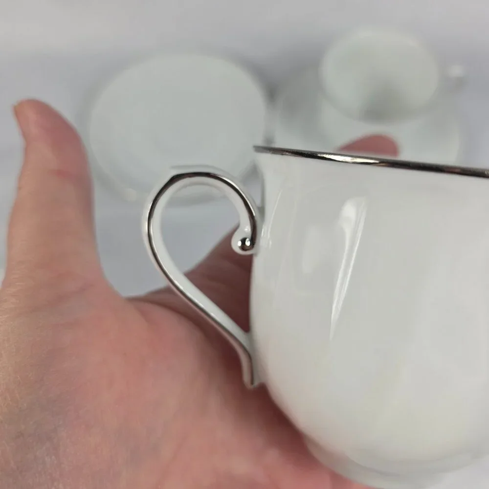 TWO (2) Mikasa Wedding Band Platinum Cup & Saucer Sets White Swirl Platinum Trim